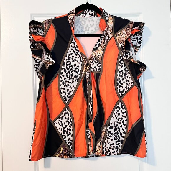 Tops - Women's Leopard Animal Printed Patchwork Flowy Top | Orange Black | Size: XL